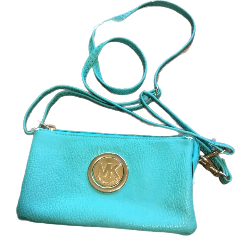 Michael Kors Teal Leather Crossbody Bag with Gold MK Emblem